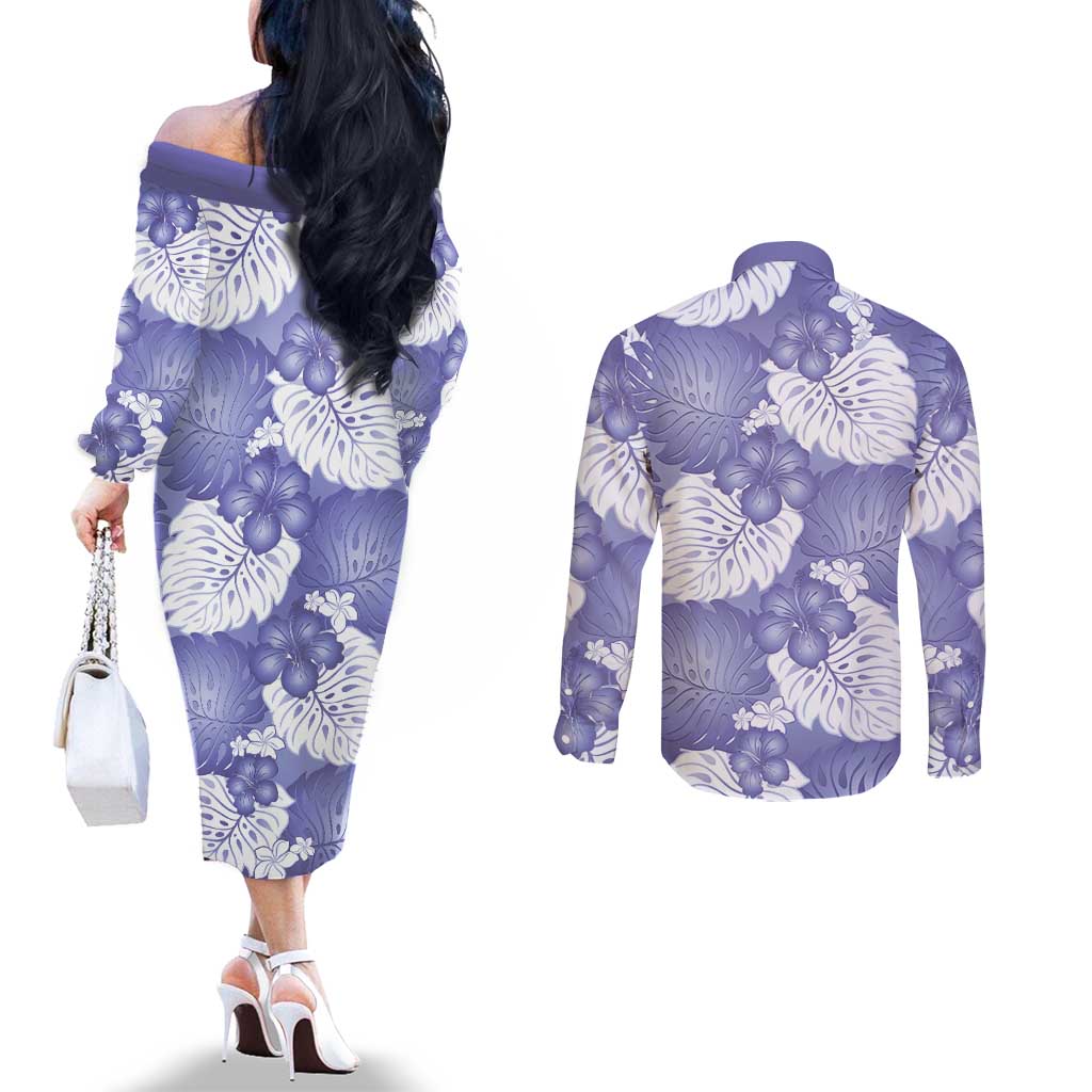 Purple Aloha Hawaii Couples Matching Off The Shoulder Long Sleeve Dress and Long Sleeve Button Shirt Monstera Hibiscus Plumeria Seamless Vibes - Polynesian Pride