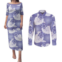 Purple Aloha Hawaii Couples Matching Puletasi and Long Sleeve Button Shirt Monstera Hibiscus Plumeria Seamless Vibes - Polynesian Pride