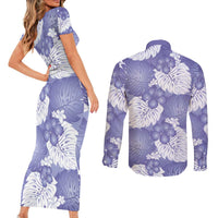 Purple Aloha Hawaii Couples Matching Short Sleeve Bodycon Dress and Long Sleeve Button Shirt Monstera Hibiscus Plumeria Seamless Vibes - Polynesian Pride