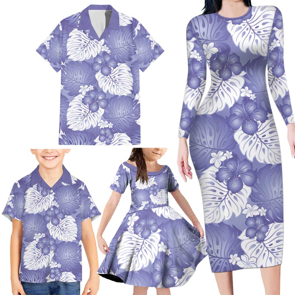 Purple Aloha Hawaii Family Matching Long Sleeve Bodycon Dress and Hawaiian Shirt Monstera Hibiscus Plumeria Seamless Vibes - Polynesian Pride