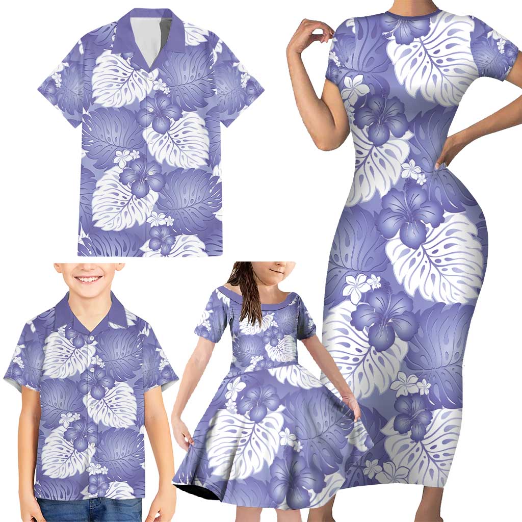 Purple Aloha Hawaii Family Matching Short Sleeve Bodycon Dress and Hawaiian Shirt Monstera Hibiscus Plumeria Seamless Vibes - Polynesian Pride