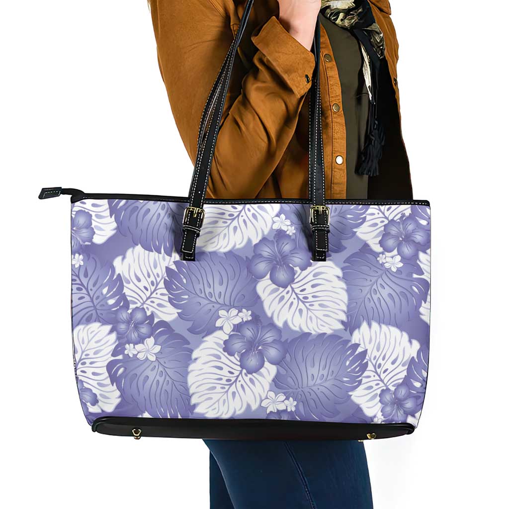 Purple Aloha Hawaii Leather Tote Bag Monstera Hibiscus Plumeria Seamless Vibes - Polynesian Pride
