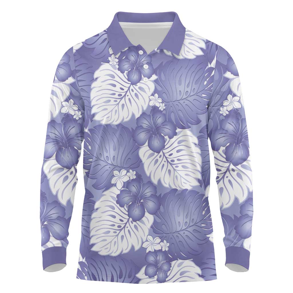 Purple Aloha Hawaii Long Sleeve Polo Shirt Monstera Hibiscus Plumeria Seamless Vibes - Polynesian Pride