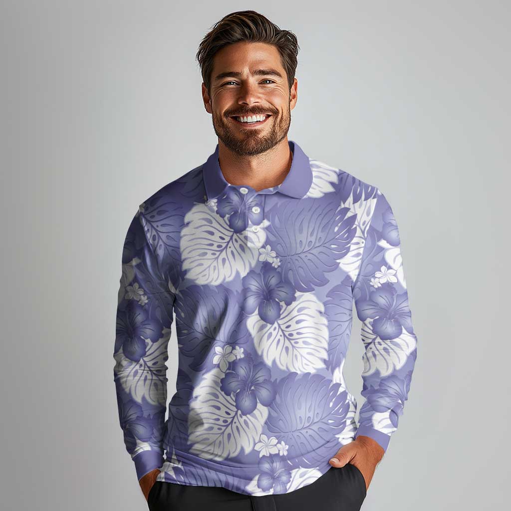 Purple Aloha Hawaii Long Sleeve Polo Shirt Monstera Hibiscus Plumeria Seamless Vibes - Polynesian Pride