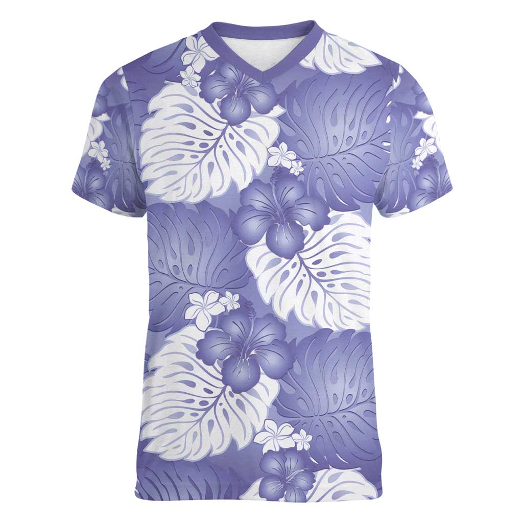 Purple Aloha Hawaii Women V-Neck T-Shirt Monstera Hibiscus Plumeria Seamless Vibes - Polynesian Pride