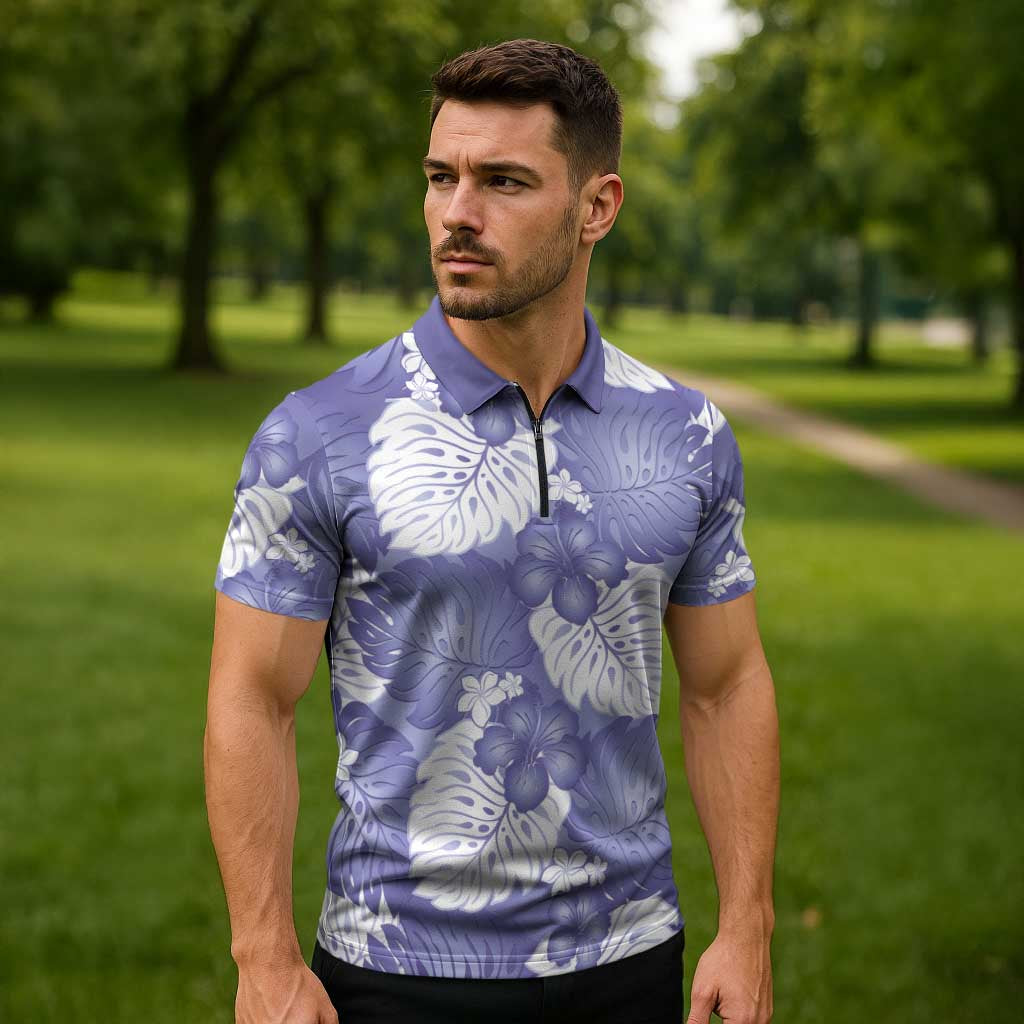 Purple Aloha Hawaii Zipper Polo Shirt Monstera Hibiscus Plumeria Seamless Vibes - Polynesian Pride