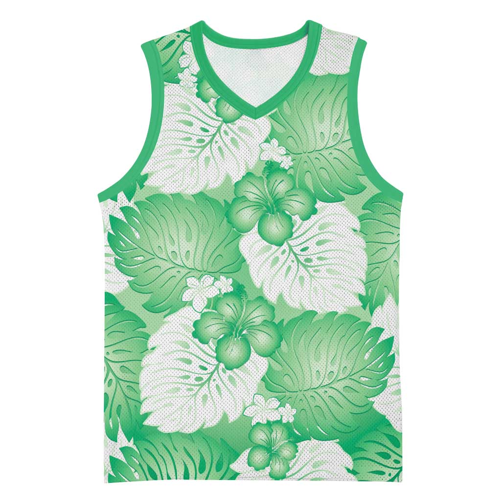 Green Aloha Hawaii Basketball Jersey Monstera Hibiscus Plumeria Seamless Vibes - Polynesian Pride