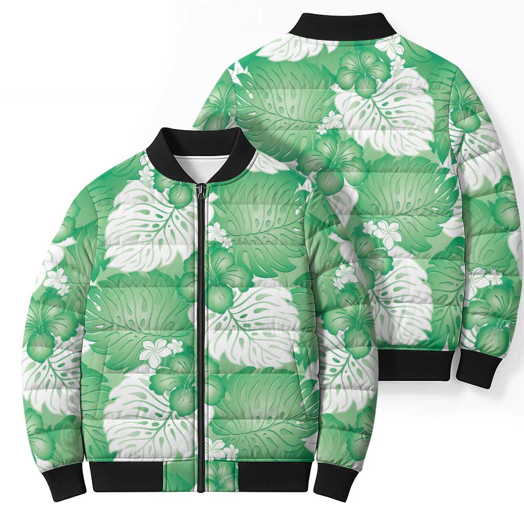 Green Aloha Hawaii Bomber Puffer Jacket Monstera Hibiscus Plumeria Seamless Vibes - Polynesian Pride