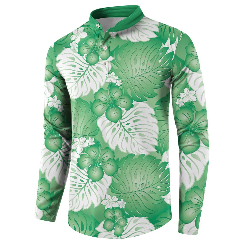 Green Aloha Hawaii Button Sweatshirt Monstera Hibiscus Plumeria Seamless Vibes - Polynesian Pride