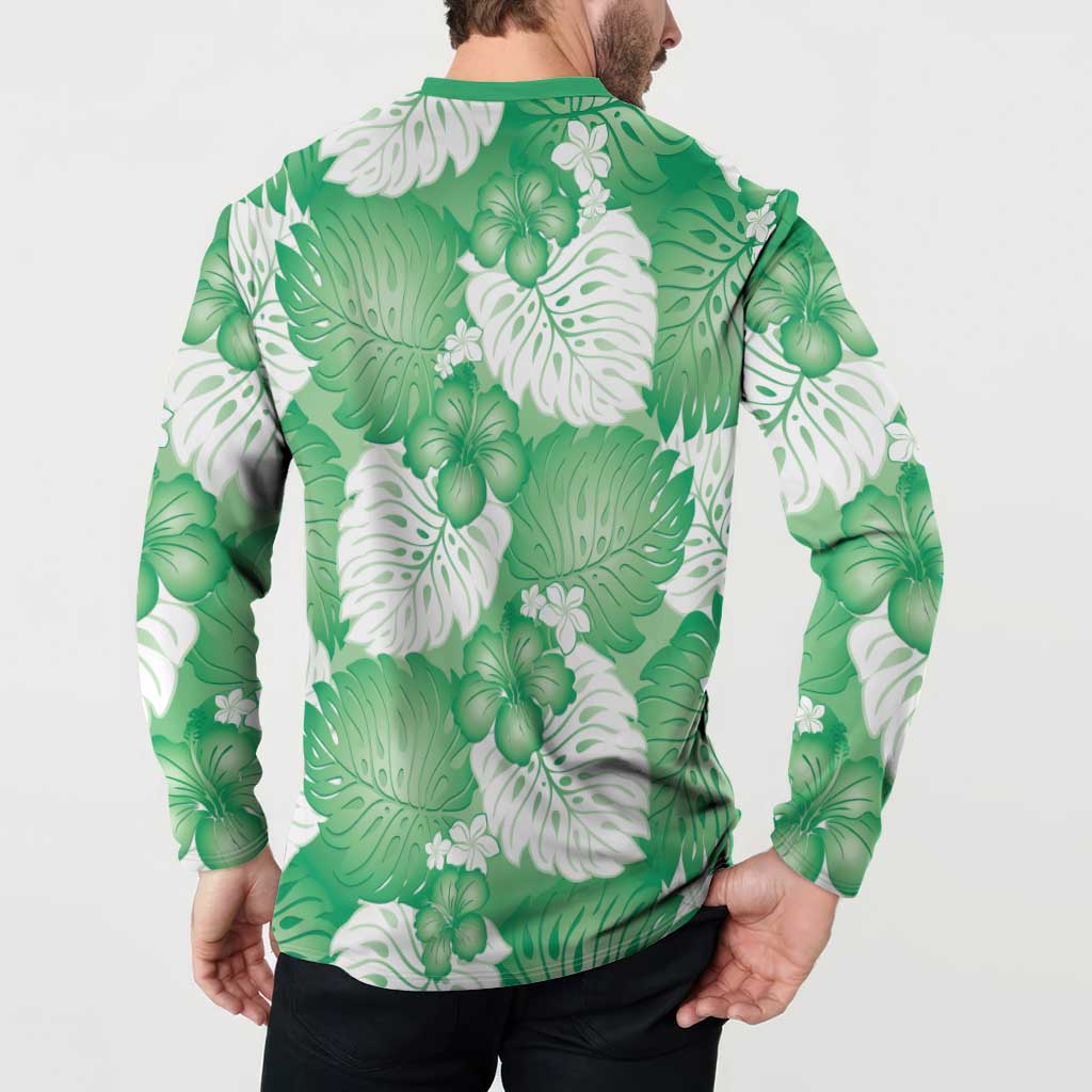Green Aloha Hawaii Button Sweatshirt Monstera Hibiscus Plumeria Seamless Vibes - Polynesian Pride