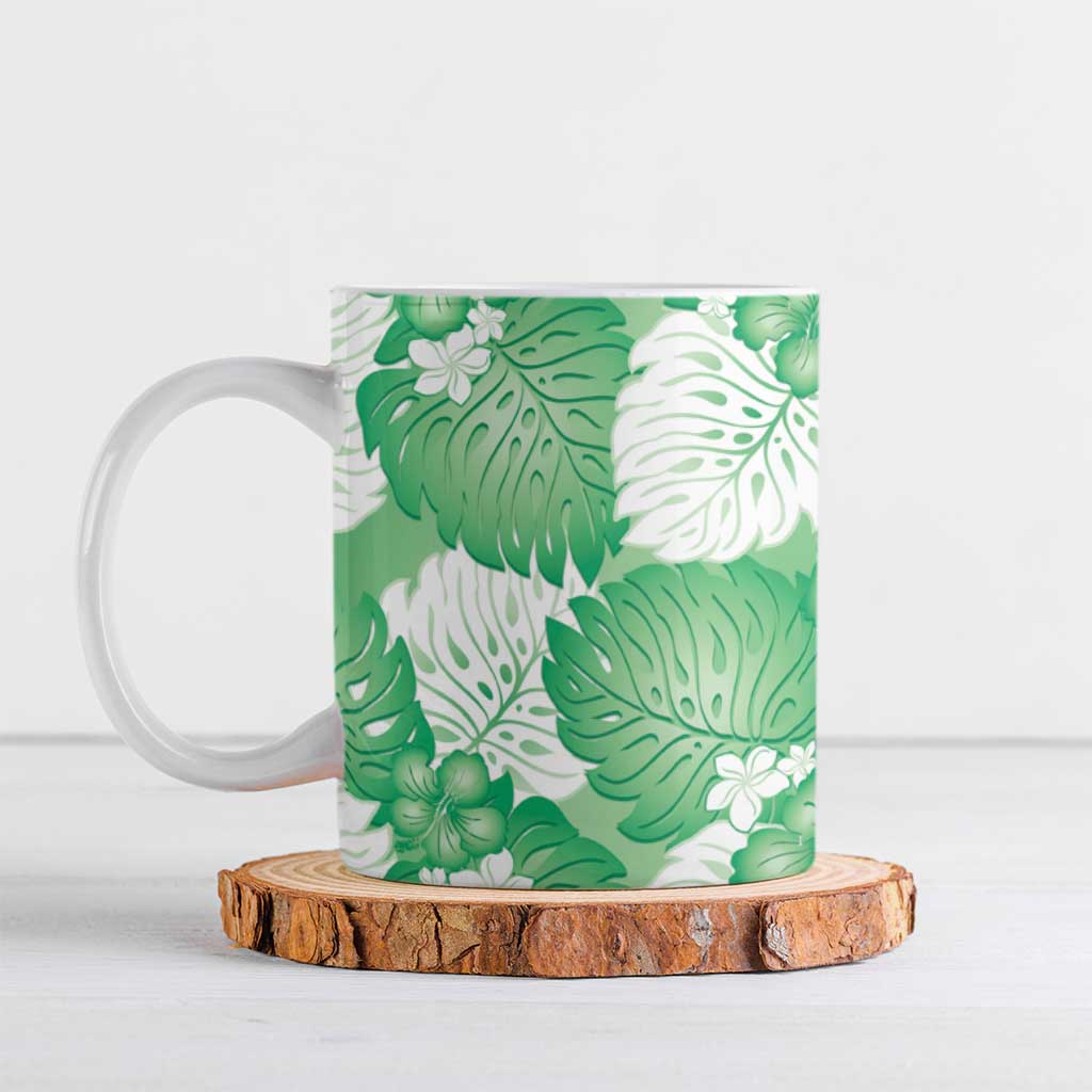 Green Aloha Hawaii Ceramic Mug Monstera Hibiscus Plumeria Seamless Vibes - Polynesian Pride