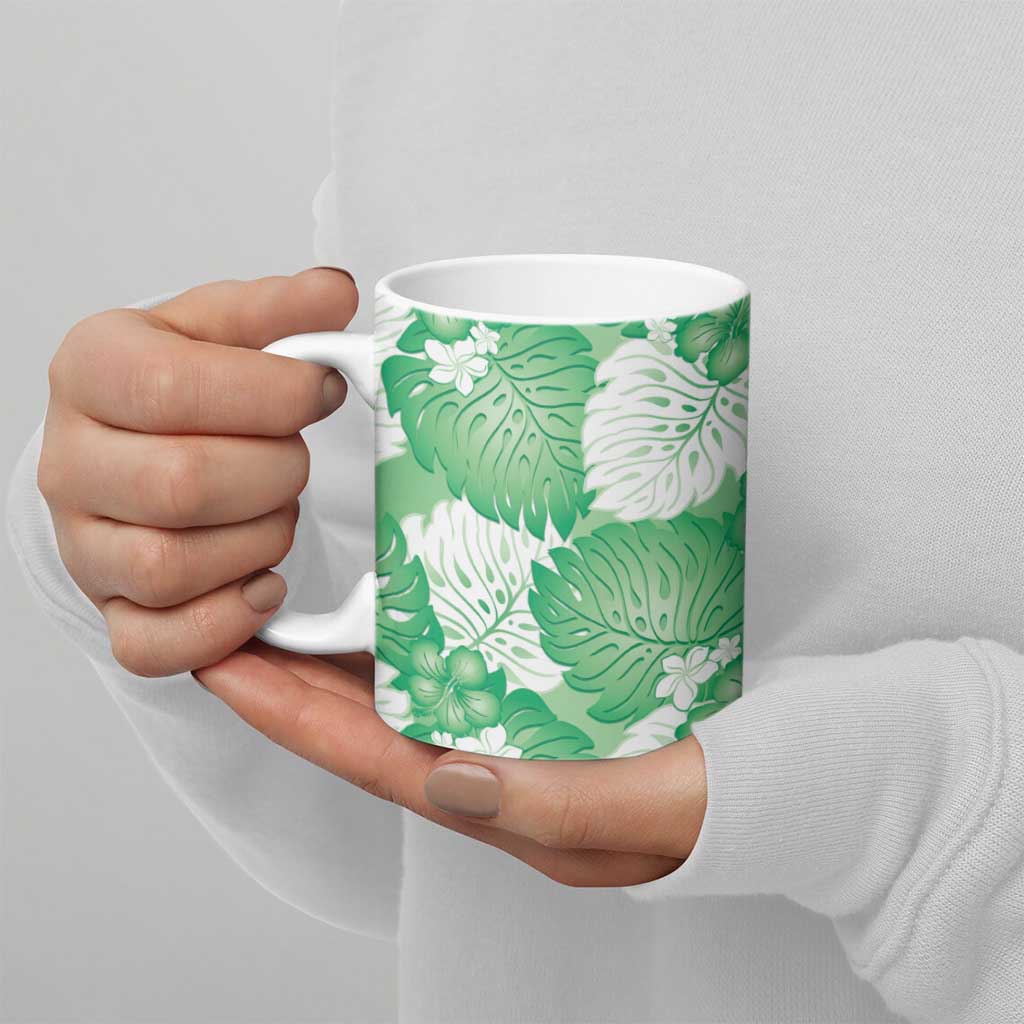 Green Aloha Hawaii Ceramic Mug Monstera Hibiscus Plumeria Seamless Vibes - Polynesian Pride