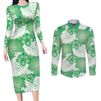 Green Aloha Hawaii Couples Matching Long Sleeve Bodycon Dress and Long Sleeve Button Shirt Monstera Hibiscus Plumeria Seamless Vibes - Polynesian Pride