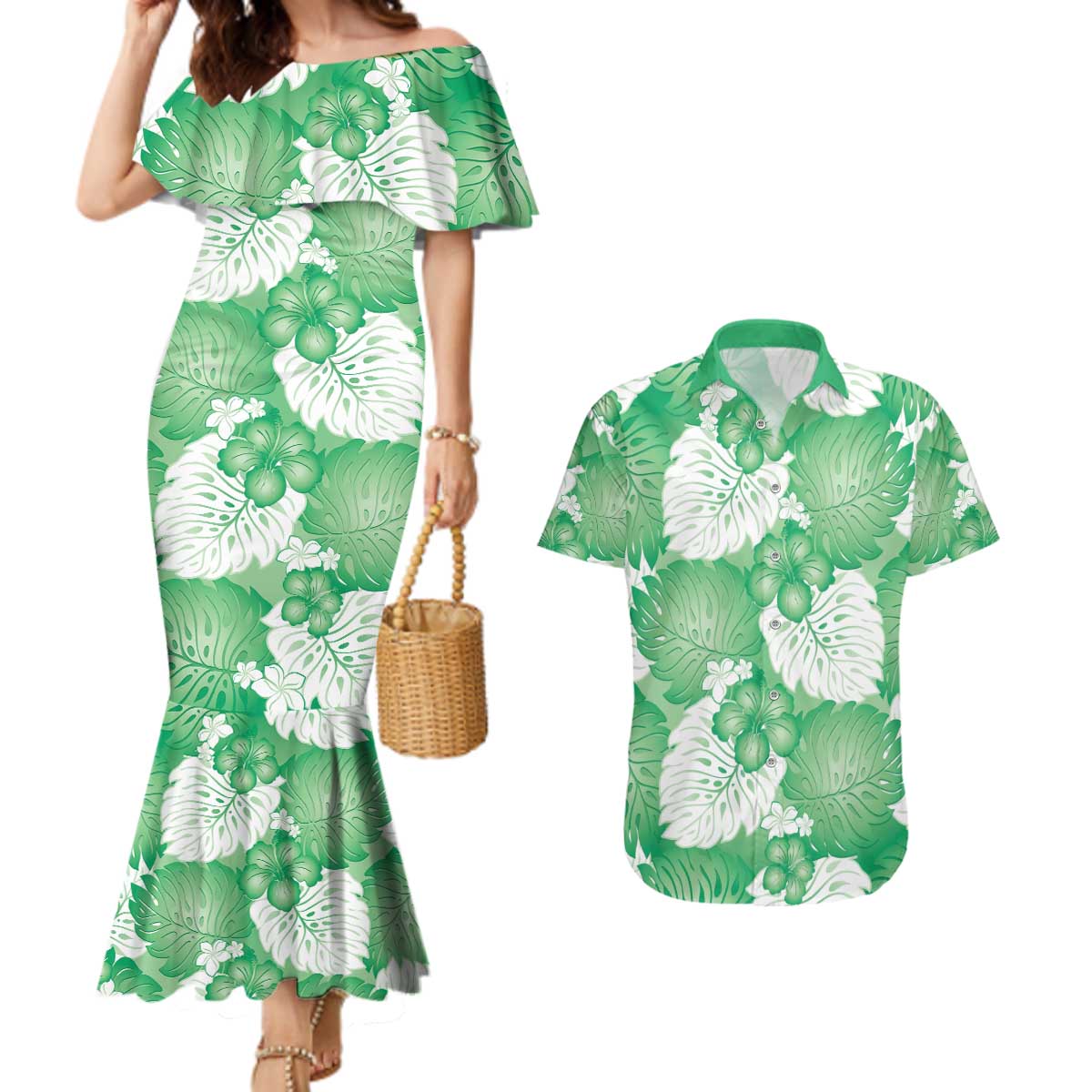Green Aloha Hawaii Couples Matching Mermaid Dress and Hawaiian Shirt Monstera Hibiscus Plumeria Seamless Vibes - Polynesian Pride