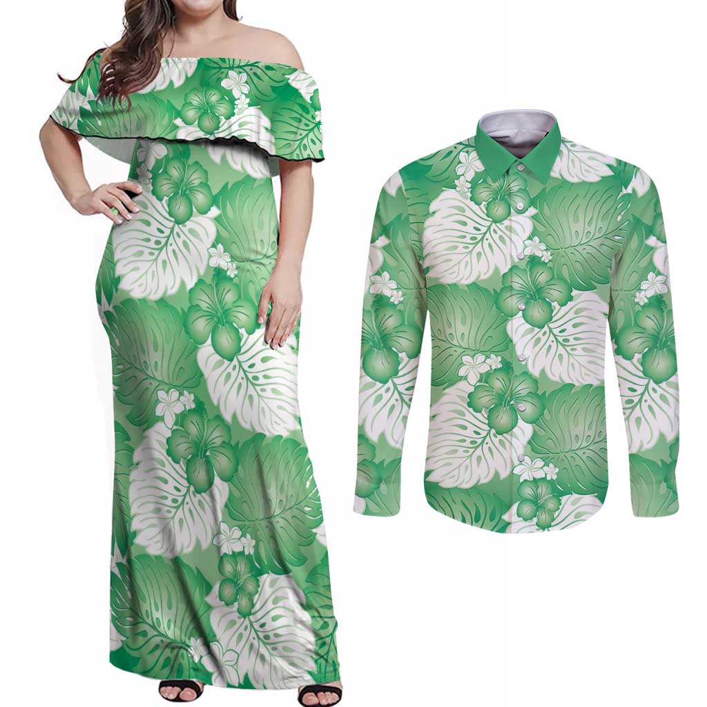 Green Aloha Hawaii Couples Matching Off Shoulder Maxi Dress and Long Sleeve Button Shirt Monstera Hibiscus Plumeria Seamless Vibes - Polynesian Pride