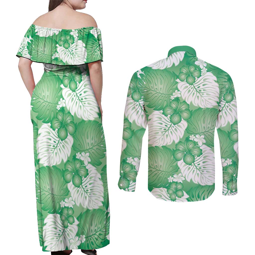 Green Aloha Hawaii Couples Matching Off Shoulder Maxi Dress and Long Sleeve Button Shirt Monstera Hibiscus Plumeria Seamless Vibes - Polynesian Pride