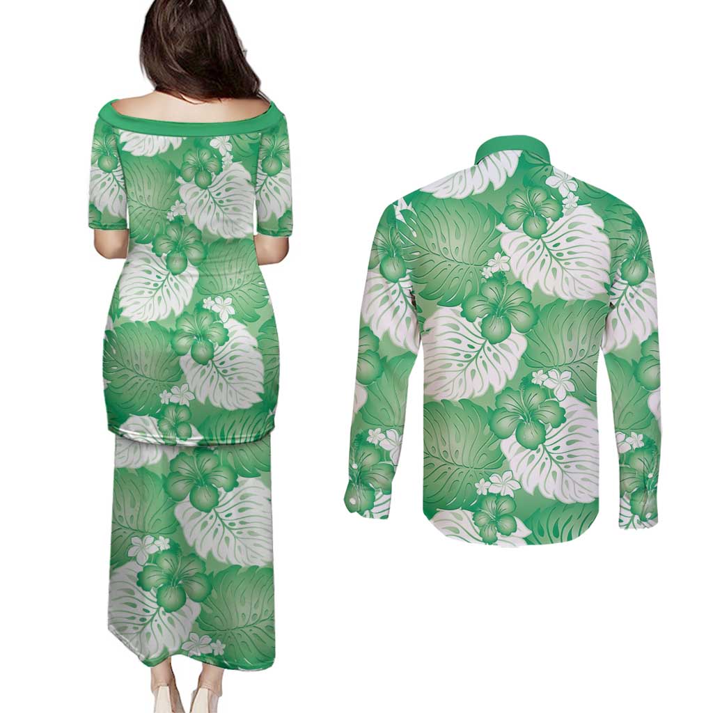 Green Aloha Hawaii Couples Matching Puletasi and Long Sleeve Button Shirt Monstera Hibiscus Plumeria Seamless Vibes - Polynesian Pride