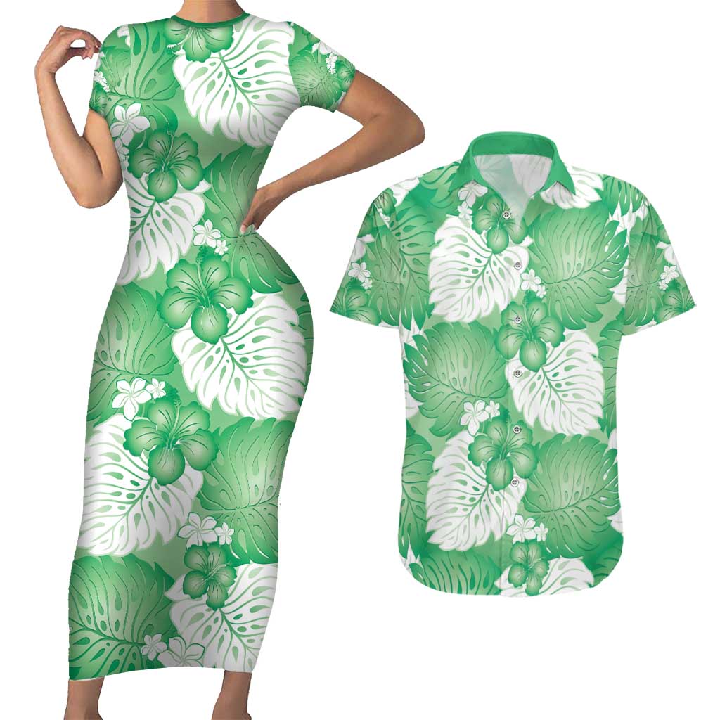 Green Aloha Hawaii Couples Matching Short Sleeve Bodycon Dress and Hawaiian Shirt Monstera Hibiscus Plumeria Seamless Vibes - Polynesian Pride