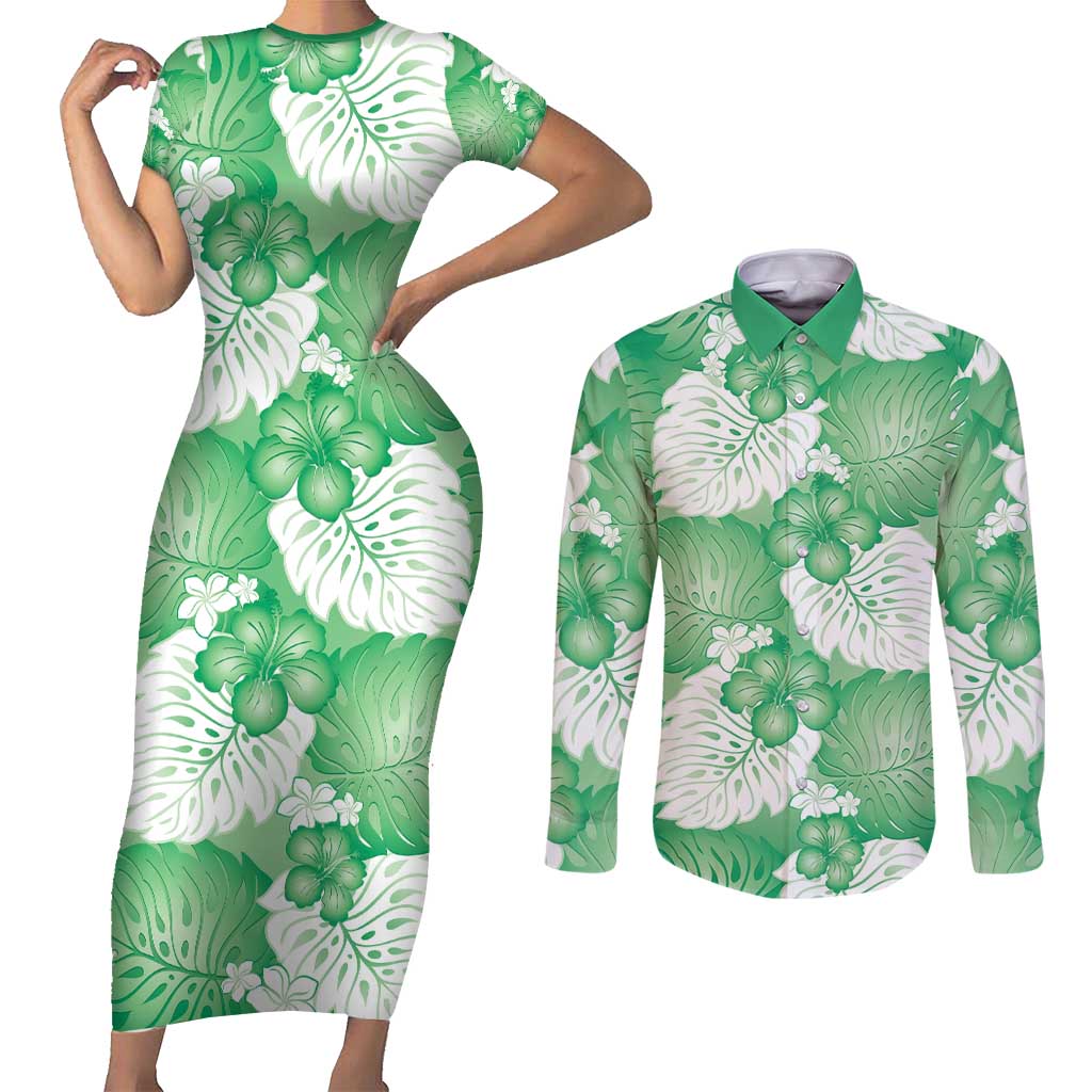 Green Aloha Hawaii Couples Matching Short Sleeve Bodycon Dress and Long Sleeve Button Shirt Monstera Hibiscus Plumeria Seamless Vibes - Polynesian Pride