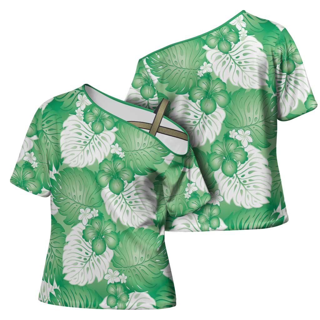 Green Aloha Hawaii Cross Shoulder Shirt Monstera Hibiscus Plumeria Seamless Vibes - Polynesian Pride