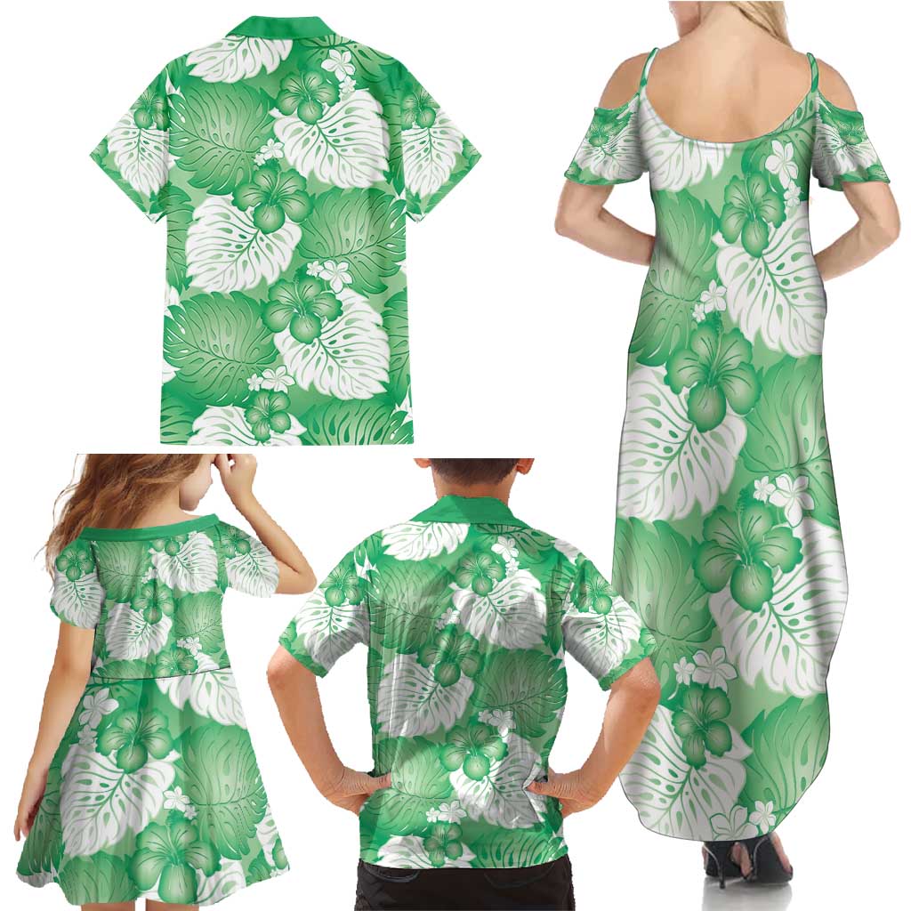 Green Aloha Hawaii Family Matching Summer Maxi Dress and Hawaiian Shirt Monstera Hibiscus Plumeria Seamless Vibes - Polynesian Pride