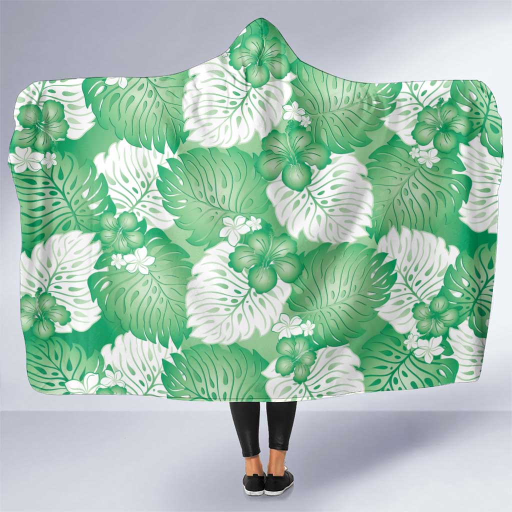 Green Aloha Hawaii Hooded Blanket Monstera Hibiscus Plumeria Seamless Vibes - Polynesian Pride