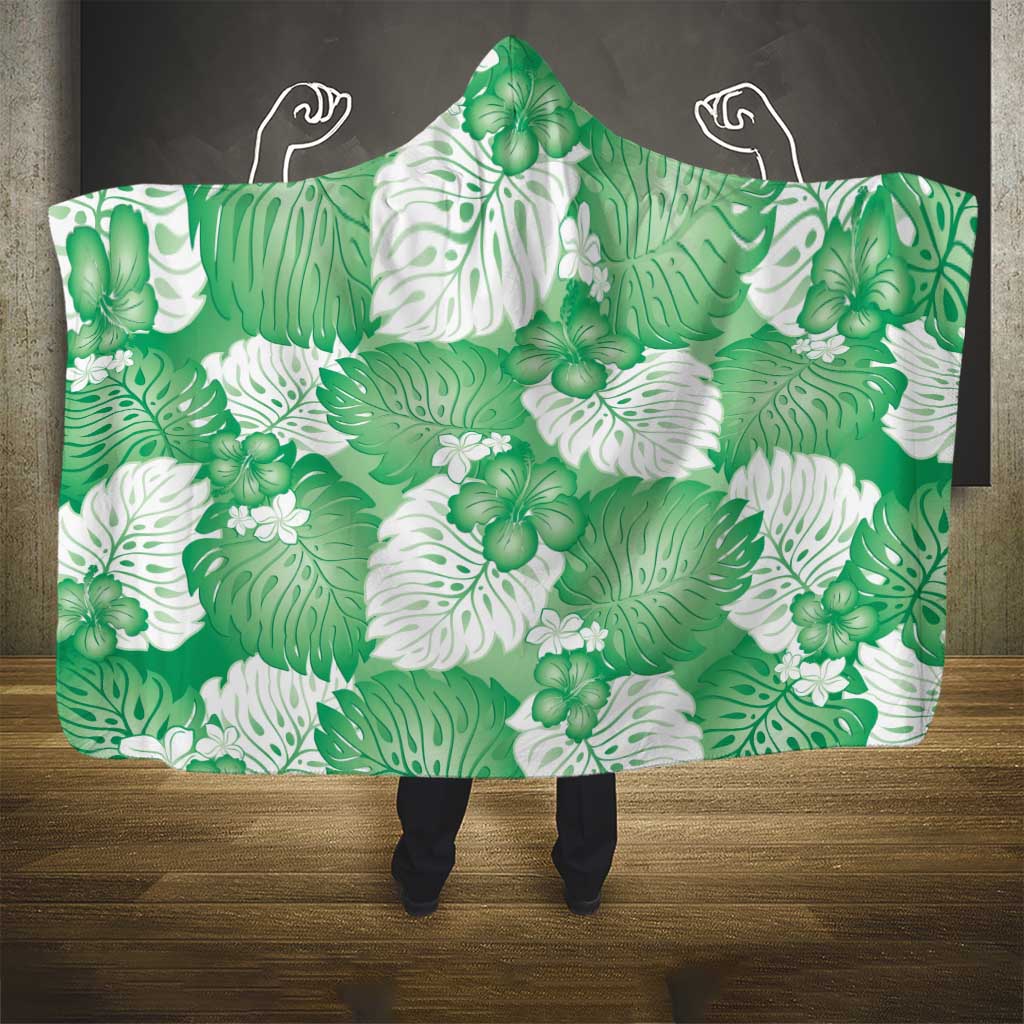 Green Aloha Hawaii Hooded Blanket Monstera Hibiscus Plumeria Seamless Vibes - Polynesian Pride