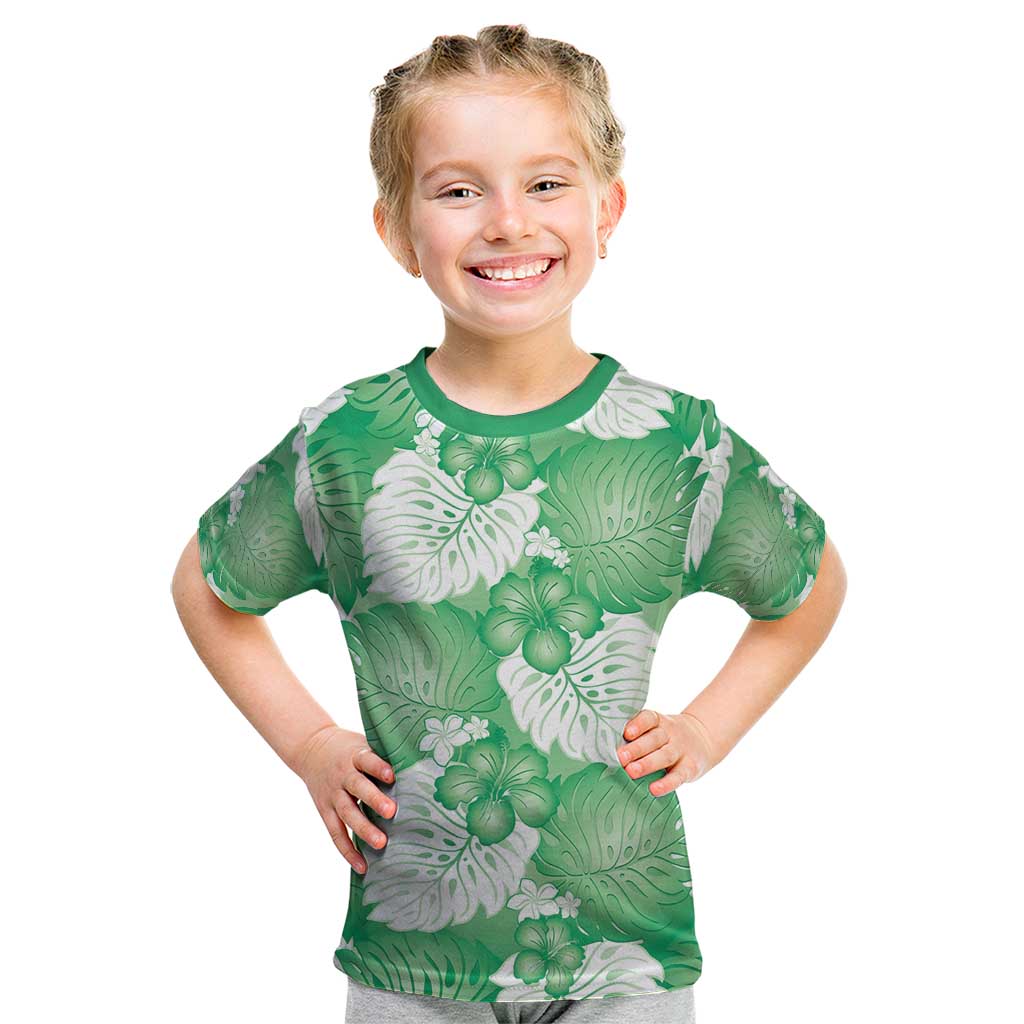 Green Aloha Hawaii Kid T Shirt Monstera Hibiscus Plumeria Seamless Vibes - Polynesian Pride