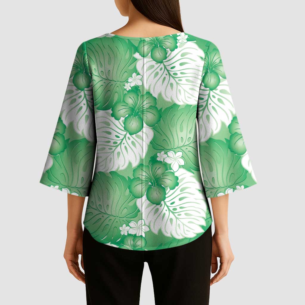 Green Aloha Hawaii Kimono Sleeve Blouse Monstera Hibiscus Plumeria Seamless Vibes - Polynesian Pride