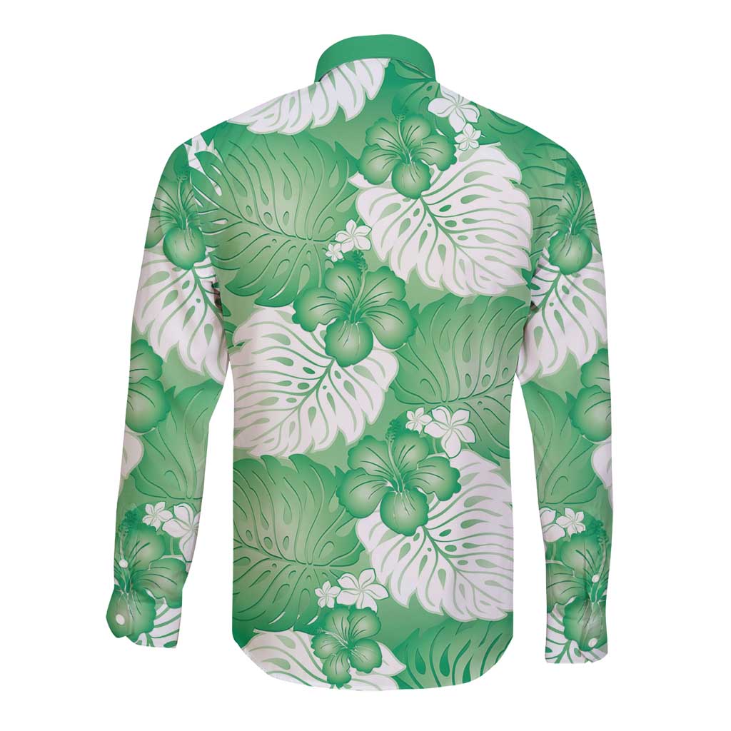 Green Aloha Hawaii Long Sleeve Button Shirt Monstera Hibiscus Plumeria Seamless Vibes - Polynesian Pride