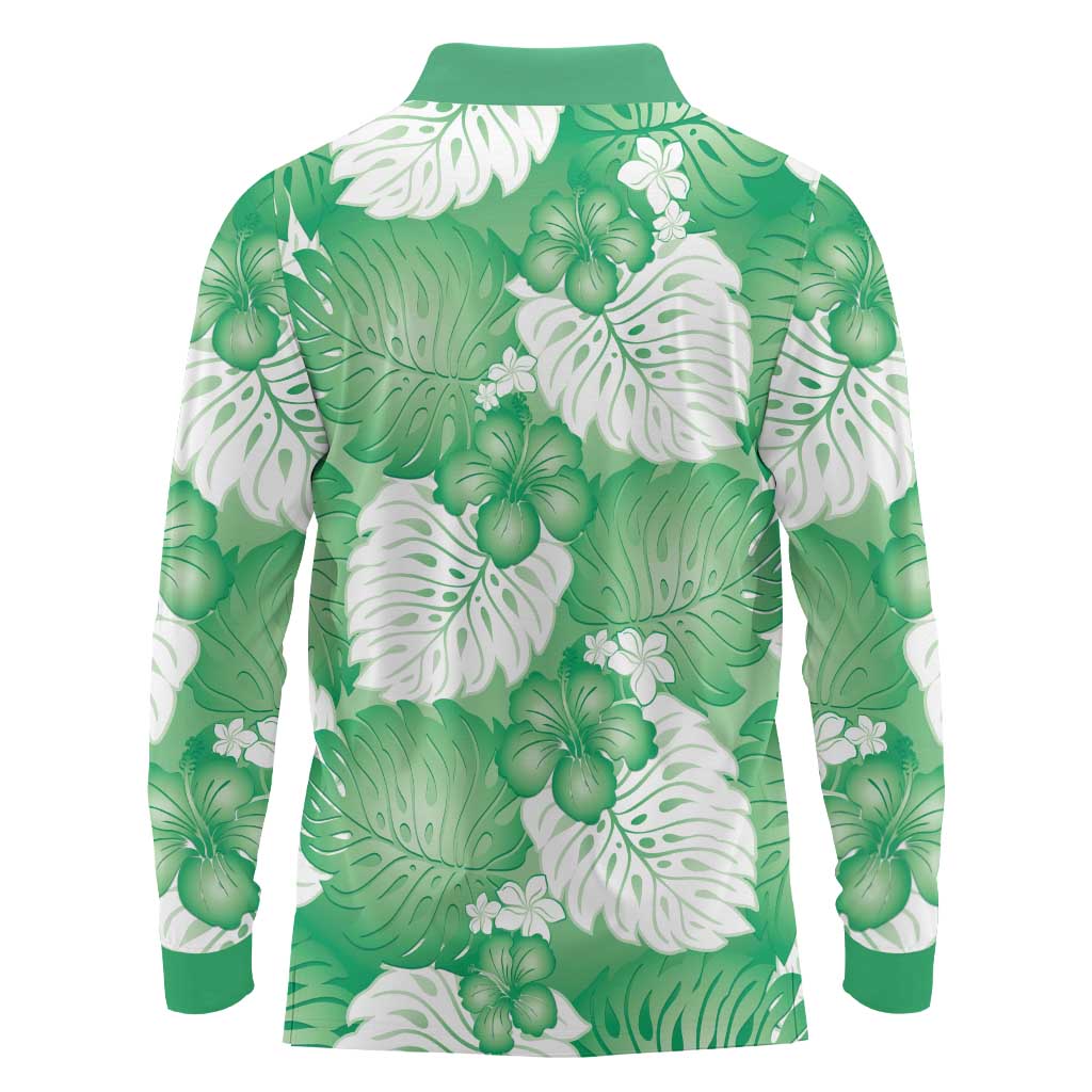 Green Aloha Hawaii Long Sleeve Polo Shirt Monstera Hibiscus Plumeria Seamless Vibes - Polynesian Pride