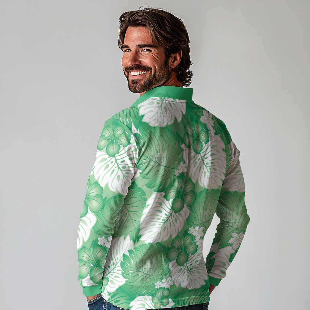 Green Aloha Hawaii Long Sleeve Polo Shirt Monstera Hibiscus Plumeria Seamless Vibes - Polynesian Pride