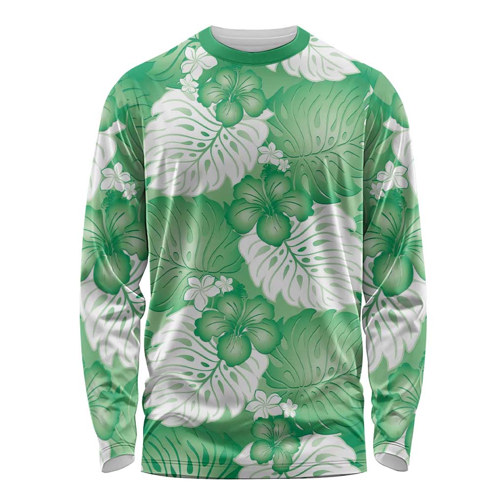 Green Aloha Hawaii Long Sleeve Shirt Monstera Hibiscus Plumeria Seamless Vibes - Polynesian Pride