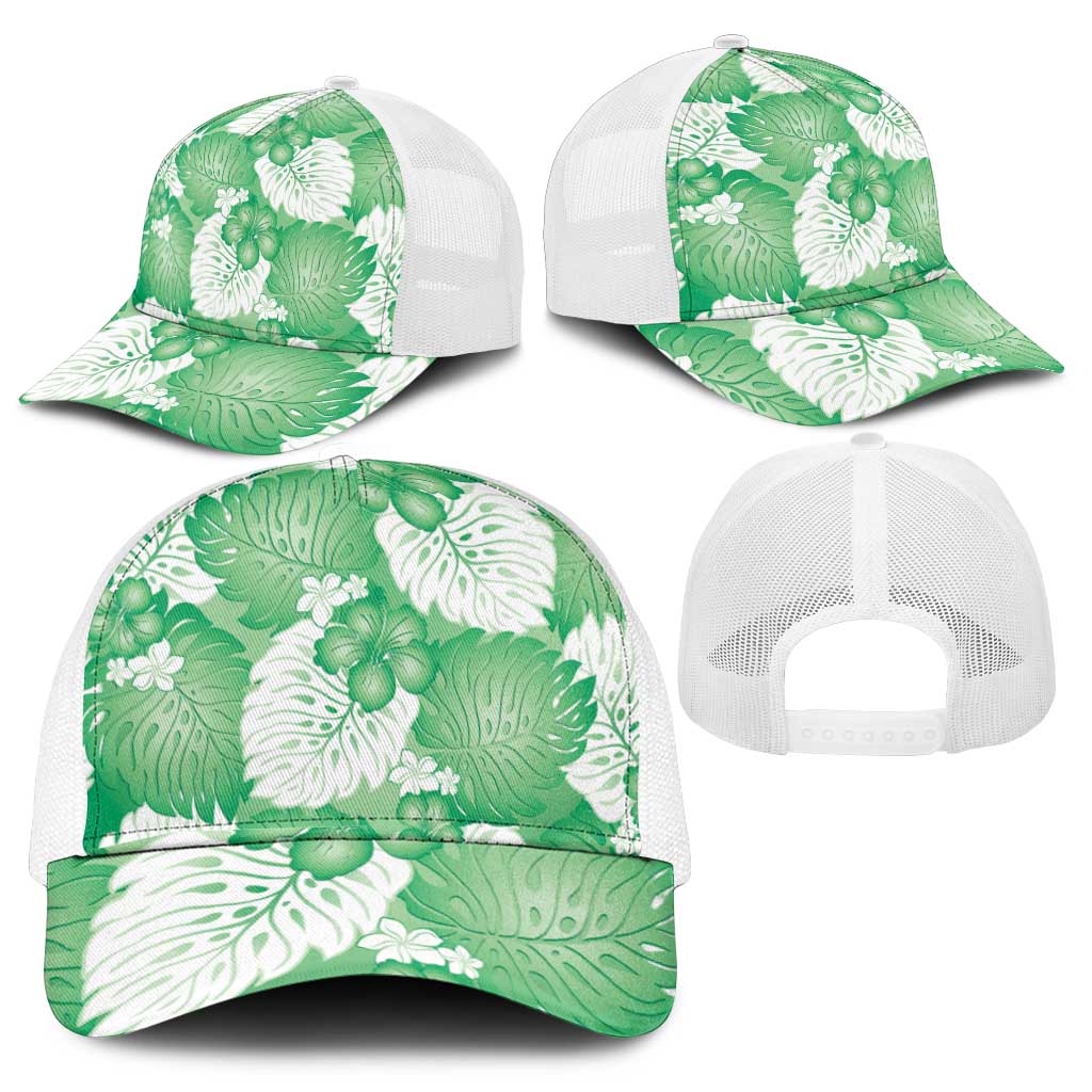 Green Aloha Hawaii Mesh Trucker Cap Monstera Hibiscus Plumeria Seamless Vibes - Polynesian Pride