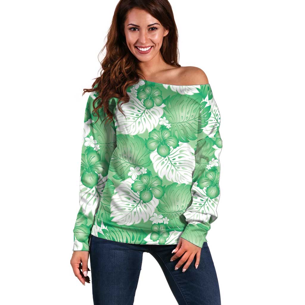 Green Aloha Hawaii Off Shoulder Sweater Monstera Hibiscus Plumeria Seamless Vibes - Polynesian Pride