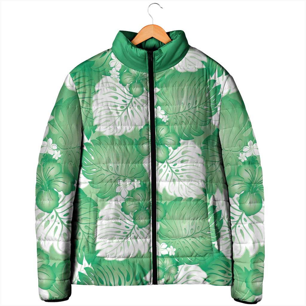 Green Aloha Hawaii Padded Jacket Monstera Hibiscus Plumeria Seamless Vibes - Polynesian Pride