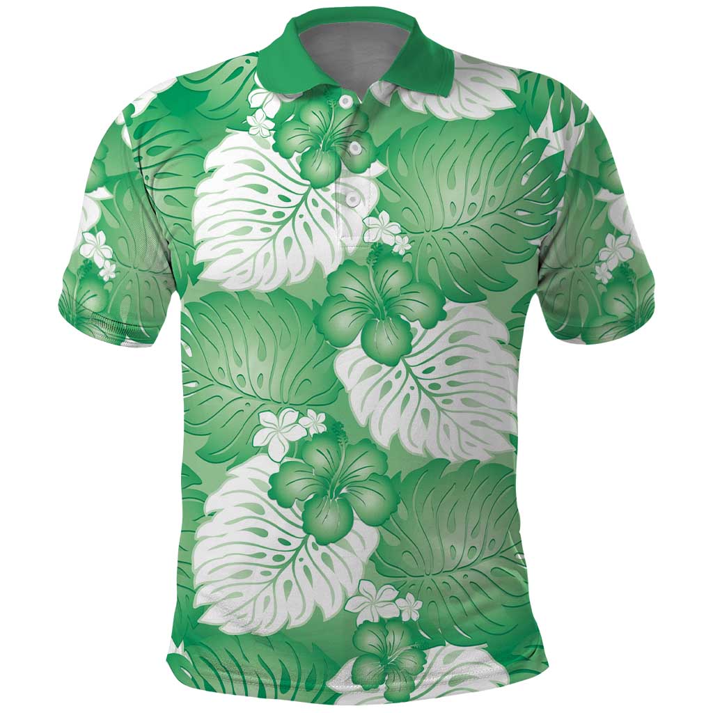 Green Aloha Hawaii Polo Shirt Monstera Hibiscus Plumeria Seamless Vibes - Polynesian Pride