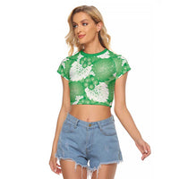 Green Aloha Hawaii Raglan Cropped T Shirt Monstera Hibiscus Plumeria Seamless Vibes - Polynesian Pride