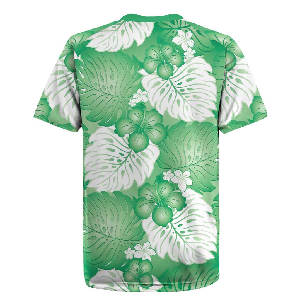 Green Aloha Hawaii Rugby Jersey Monstera Hibiscus Plumeria Seamless Vibes - Polynesian Pride