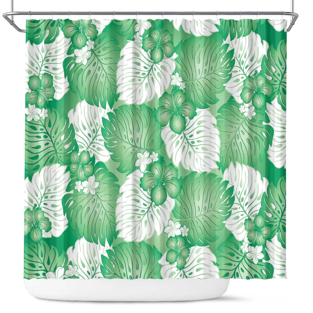 Green Aloha Hawaii Shower Curtain Monstera Hibiscus Plumeria Seamless Vibes - Polynesian Pride