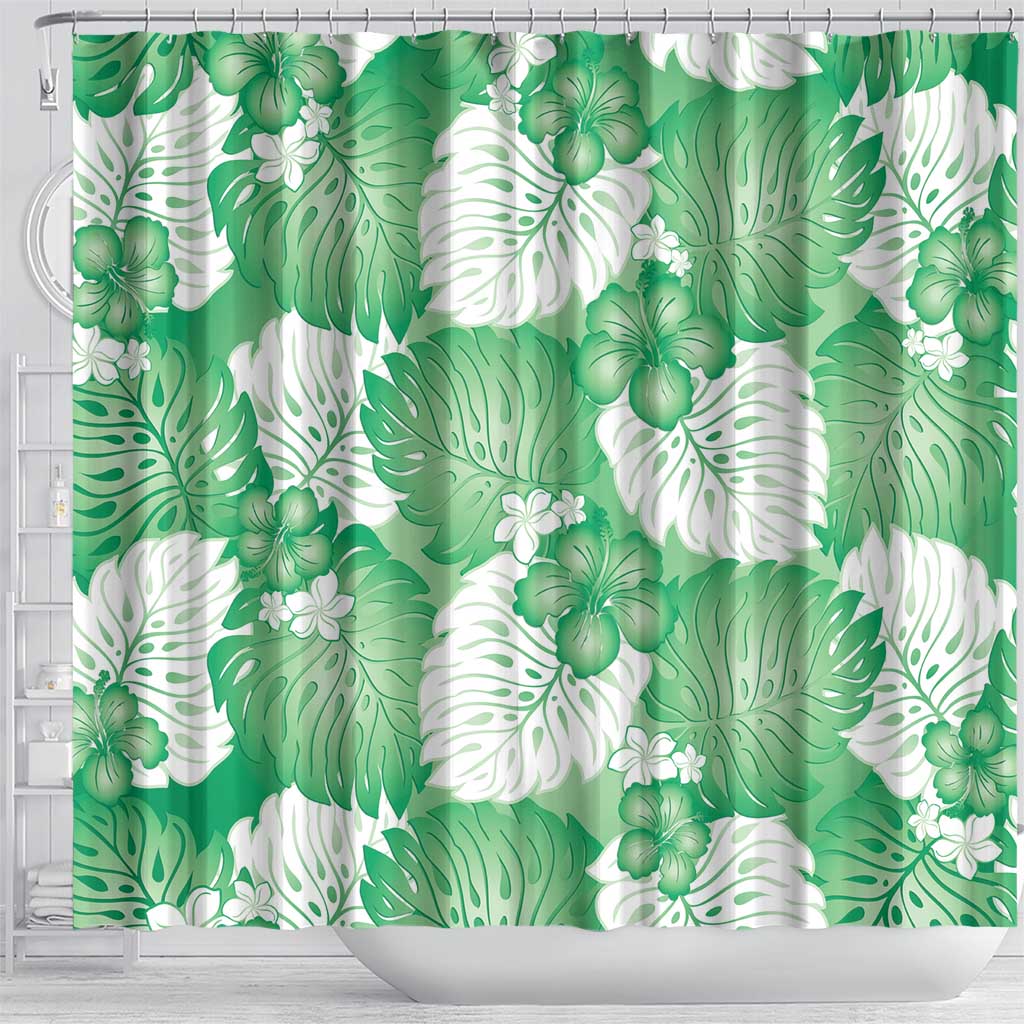 Green Aloha Hawaii Shower Curtain Monstera Hibiscus Plumeria Seamless Vibes - Polynesian Pride