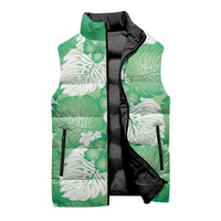 Green Aloha Hawaii Sleeveless Puffer Jacket Monstera Hibiscus Plumeria Seamless Vibes - Polynesian Pride
