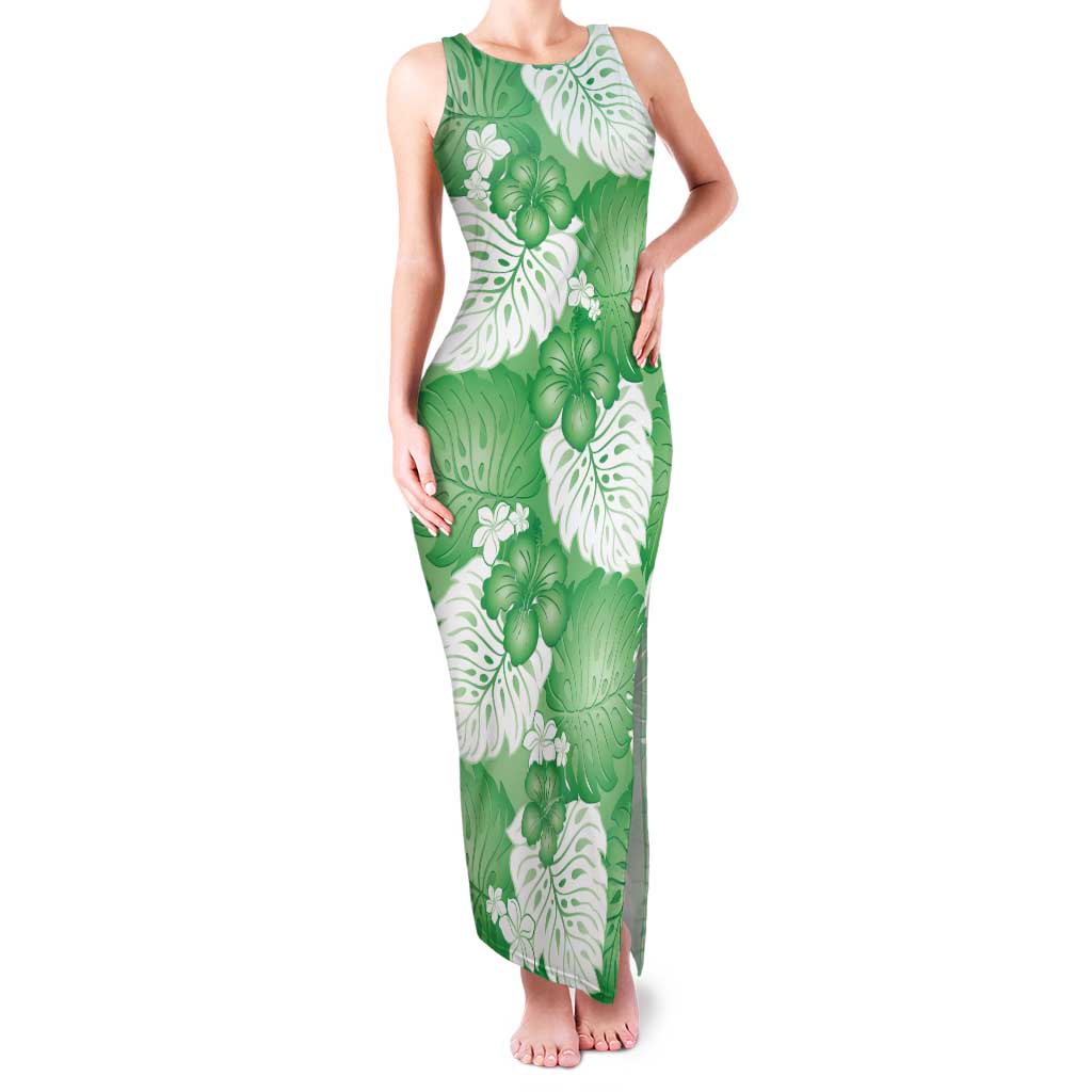 Green Aloha Hawaii Tank Maxi Dress Monstera Hibiscus Plumeria Seamless Vibes - Polynesian Pride