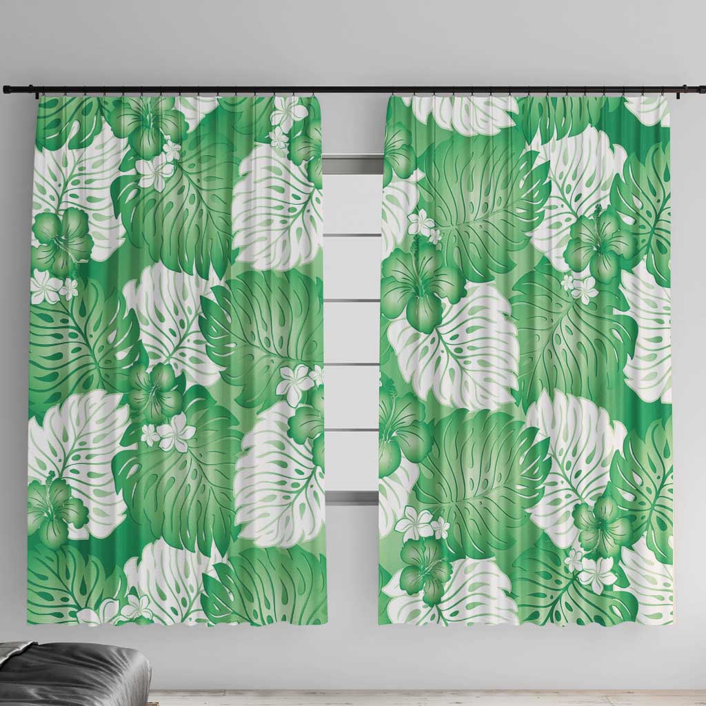 Green Aloha Hawaii Window Curtain Monstera Hibiscus Plumeria Seamless Vibes - Polynesian Pride