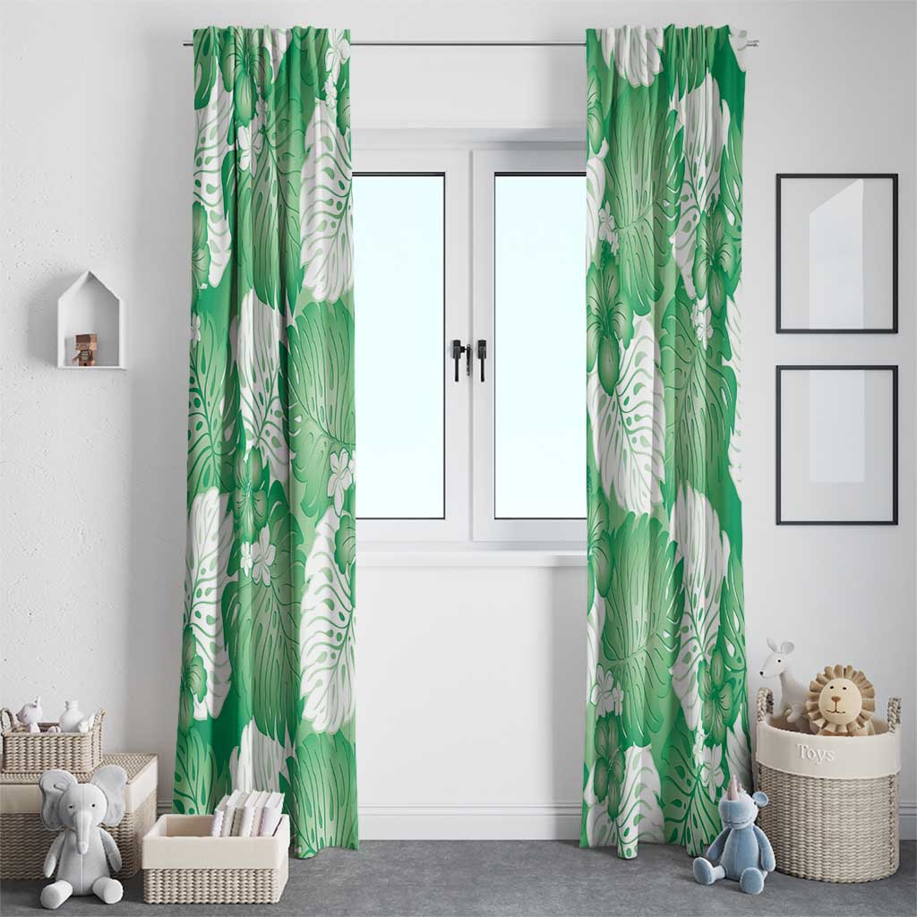 Green Aloha Hawaii Window Curtain Monstera Hibiscus Plumeria Seamless Vibes - Polynesian Pride