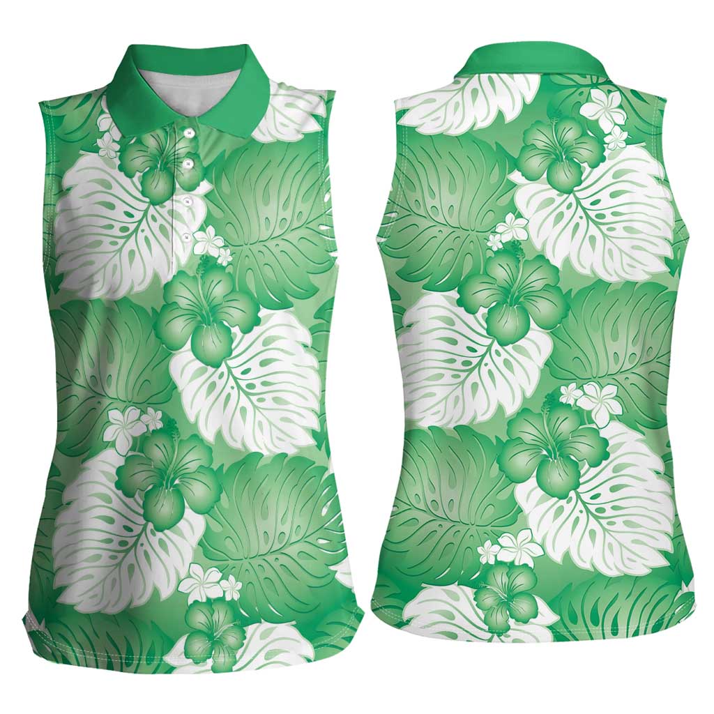 Green Aloha Hawaii Women Sleeveless Polo Shirt Monstera Hibiscus Plumeria Seamless Vibes - Polynesian Pride