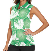 Green Aloha Hawaii Women Sleeveless Polo Shirt Monstera Hibiscus Plumeria Seamless Vibes - Polynesian Pride