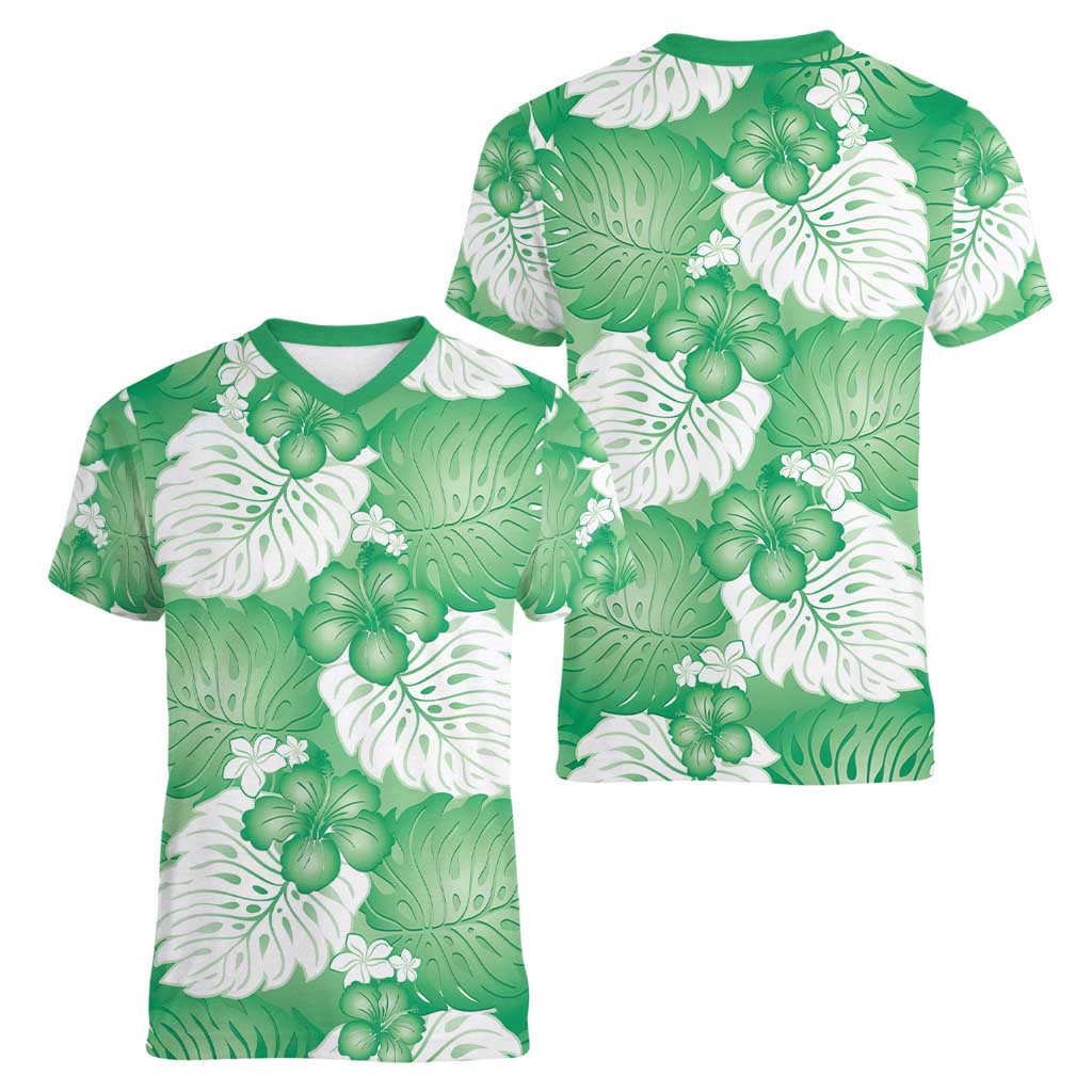 Green Aloha Hawaii Women V-Neck T-Shirt Monstera Hibiscus Plumeria Seamless Vibes - Polynesian Pride