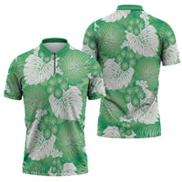 Green Aloha Hawaii Zipper Polo Shirt Monstera Hibiscus Plumeria Seamless Vibes - Polynesian Pride
