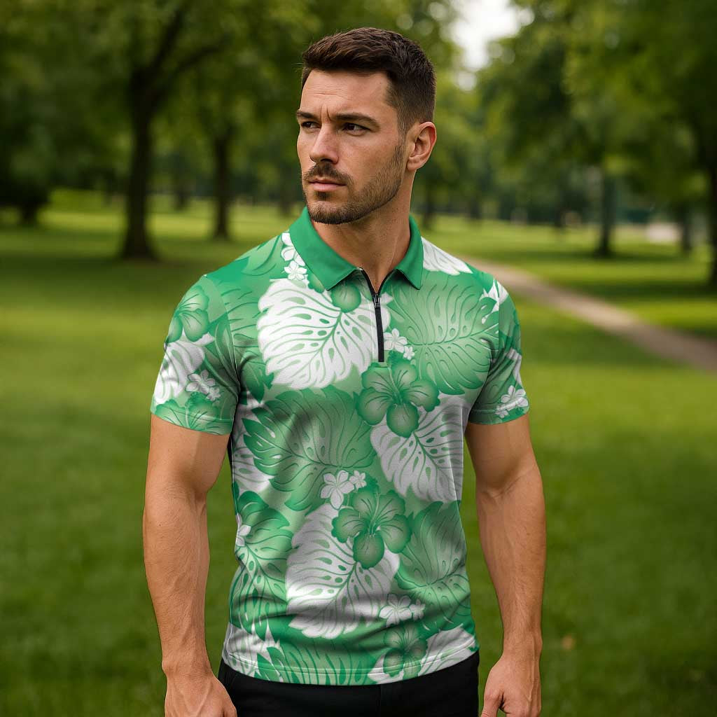 Green Aloha Hawaii Zipper Polo Shirt Monstera Hibiscus Plumeria Seamless Vibes - Polynesian Pride
